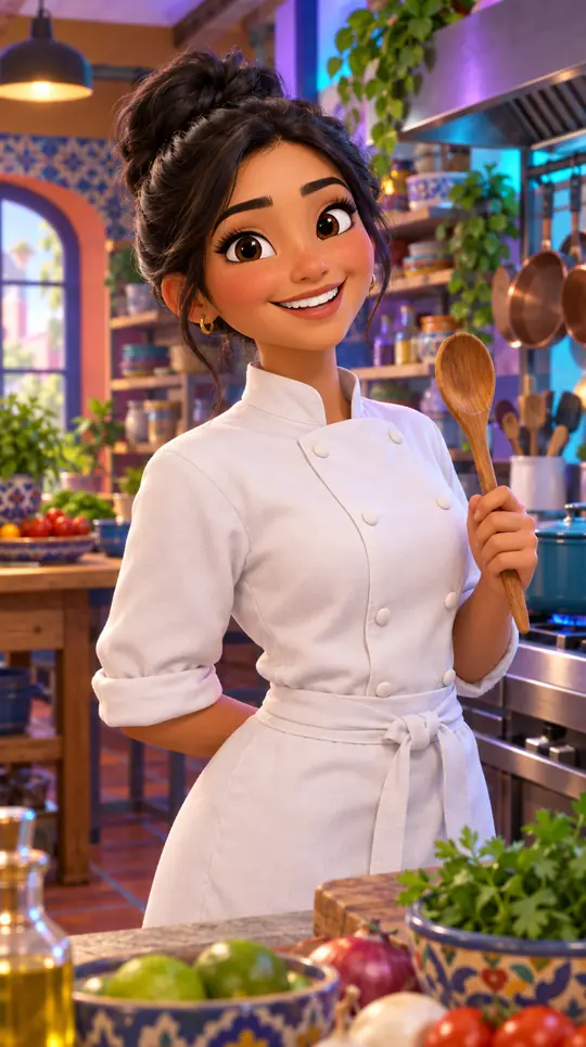 Personaje 3D: una chef sonriente con cuchara de madera