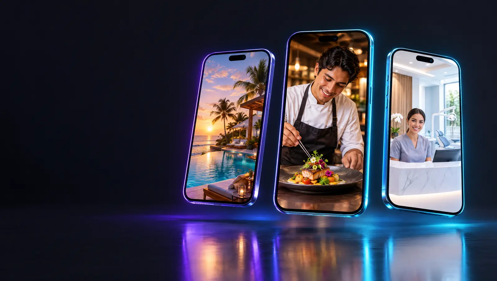 Tres teléfonos con reels verticales de un hotel, un restaurante y una clínica